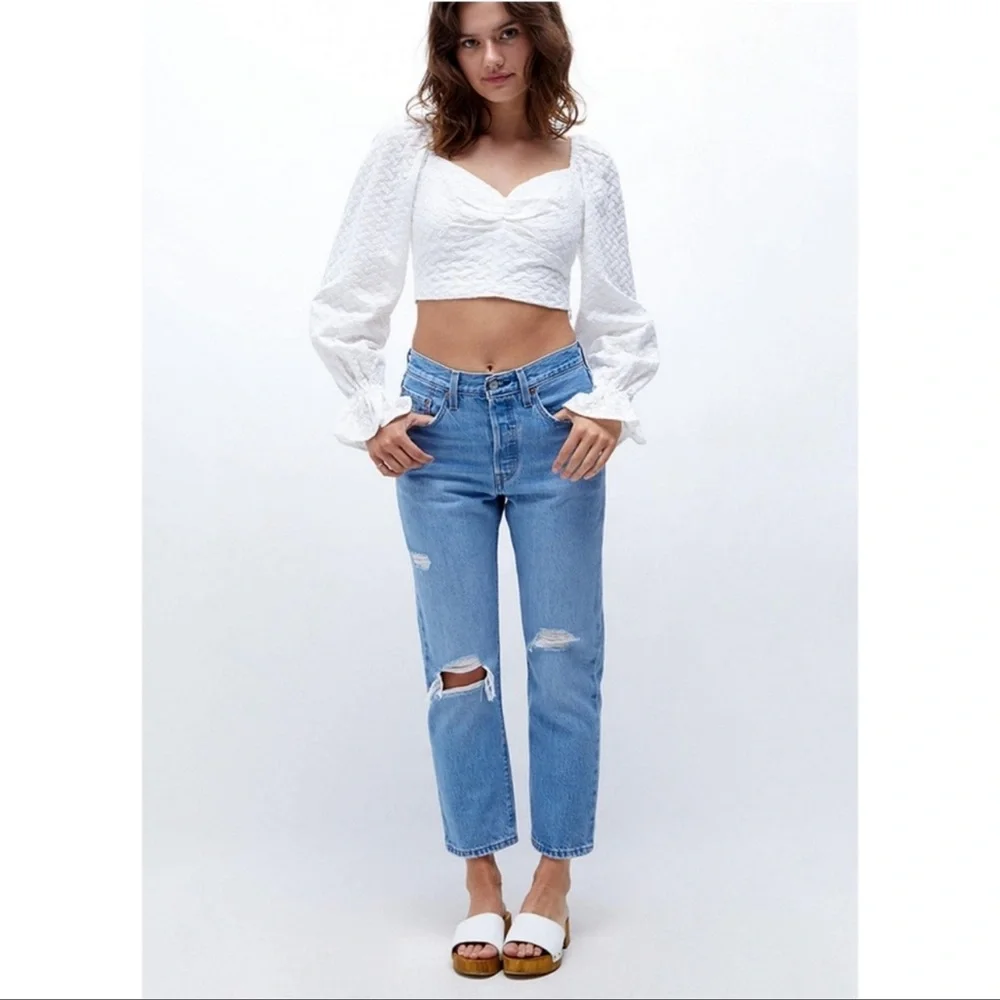 Levi's High Rise Light Blue Distressed Straight Jeans